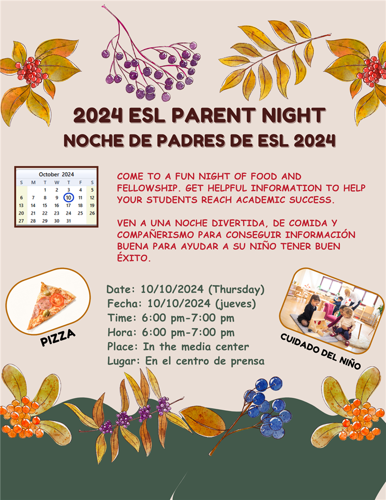 ESL Parent Night - October 10 6-7 pm